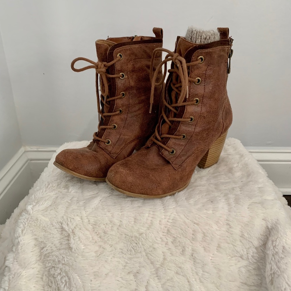 Brown lace up heel boots with zipper